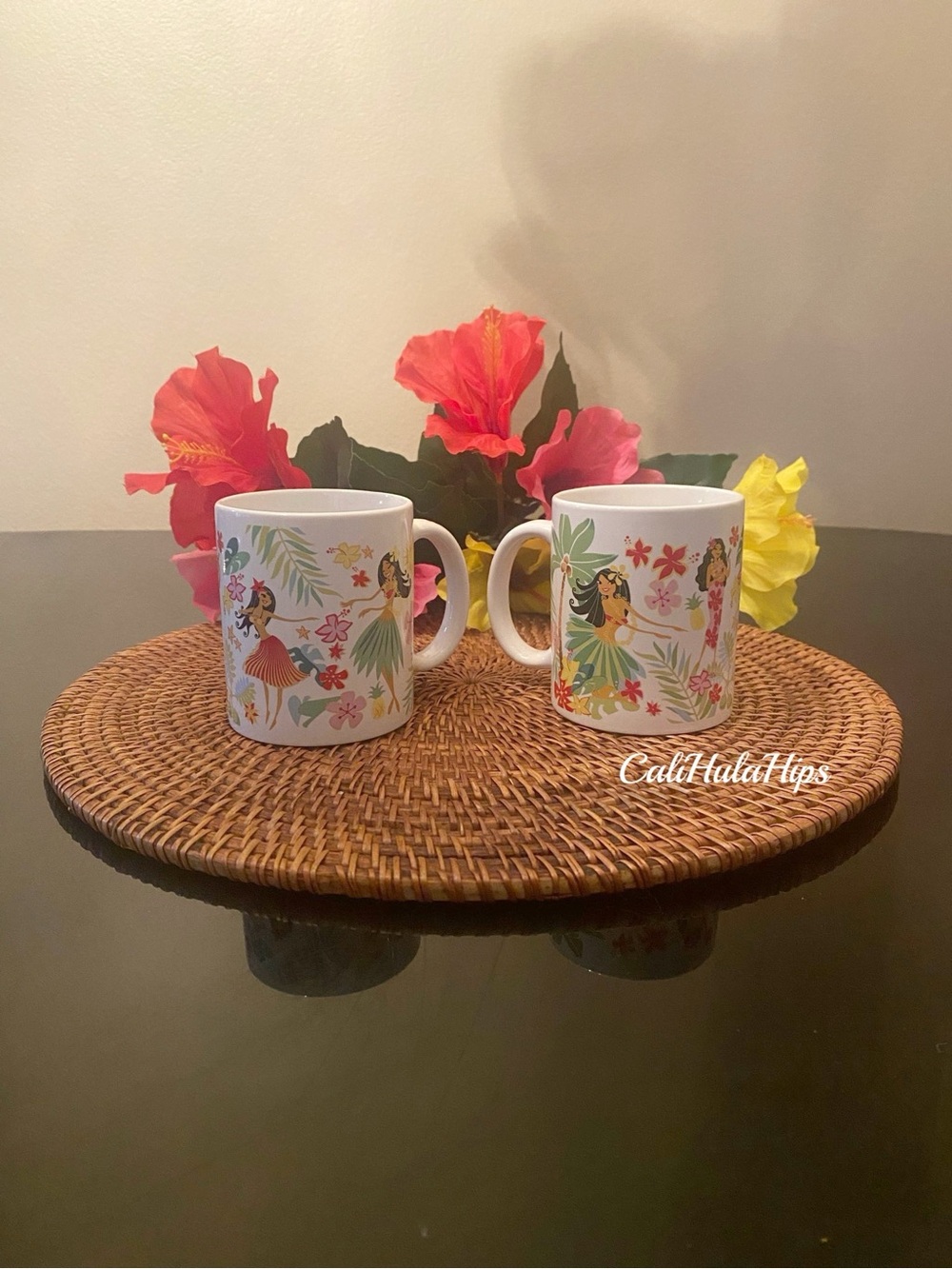 White Ceramic Hula Honeys Mug Set - Tropical Floral Design